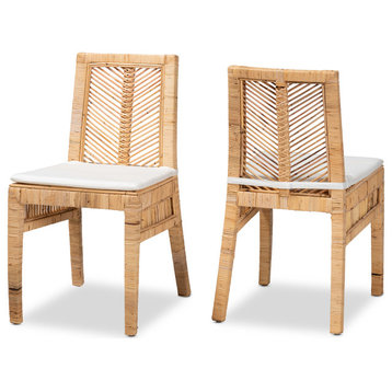 Aleka Modern Bohemian Natural Brown Rattan, Dining Chairs, Set of 2