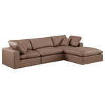 Meridian Furniture - Comfy Upholstered L-Shaped Modular Sectional, Brown, 4-Piece: 1 Armless Chair, 2 Corner Chair, 1 Ottoman, Vegan Leather - Give your space a whole new look with this brown Comfy vegan leather sectional. This handsome sectional fits nicely with other items in the Comfy collection and is a versatile seating option designed for adaptability, comfort and style. Wrapped in rich brown durable vegan leathered upholstery, this sectional offers a plush embrace of overstuffed down feather cushions, carefully crafted to deliver the highest level of comfort. The perfect seat for creating an oasis for relaxation, this sectional has thick foam surrounding its frame for added support and coziness.