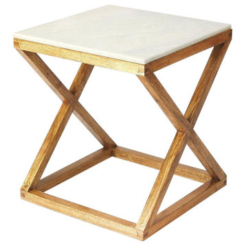 End Table Side X-Frame Base Natural Mango White Distressed Marb