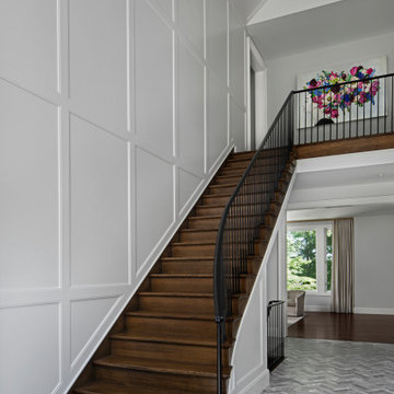 modern staircase, wainscot paneling