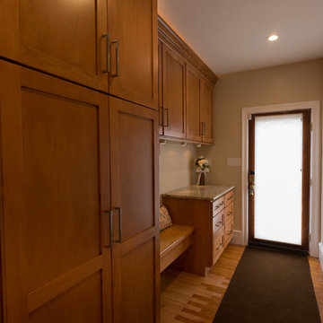 Warm Wood Transitional Kitchen Remodel | Granite Countertops & Tile Accent Wall
