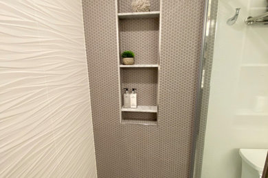 Example of a mid-sized minimalist kids' white tile and porcelain tile porcelain tile and white floor bathroom design in DC Metro with shaker cabinets, gray cabinets, a two-piece toilet, gray walls, an undermount sink, quartzite countertops and white countertops