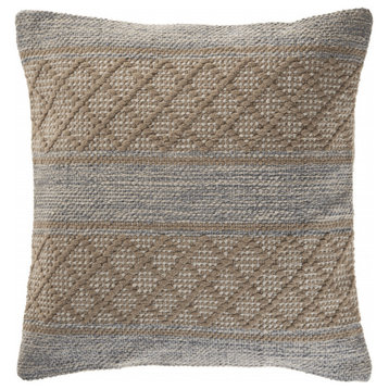 20" X 20" Beige And Grayish Blue 100% Cotton Geometric Zippered Pillow
