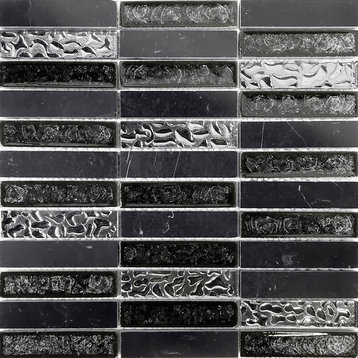 Black Marquina Marble Metal Silver Crackle Glass Mosaic Tile, 12"x12", Set of 10