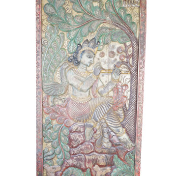 Consigned Colorful Fluting Krishna Sculpture, Vintage Wood Indian Carving