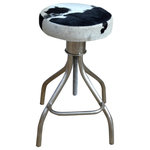 FOREIGN AFFAIRS HOME DECOR - TAIGA extendable round bar stool in black & white hide on silvered stand - Extendable round bar stool TAIGA with black & white cowhide covered seat. The seat has a diameter of 13 inches and is 2.5 inches thick padded. The industrial type silvered stand has a comfortable foot rest. This swivel bar stool extends from 23 inches to 33 inches in height. The combination of smooth cow hide and silvered base make this a sophisticated addition to your interiors. Please note that each item is unique due to the cowhide used. Cowhide patterns will vary.