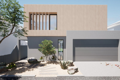 Imagen de fachada de casa minimalista pequeña de dos plantas con tejado plano