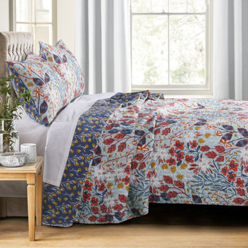 Benzara BM218895 Twin Size 2 Piece Quilt Set with Floral Prints, Multicolor