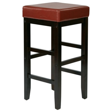 30" Square Red Faux Leather Barstool with Espresso Legs