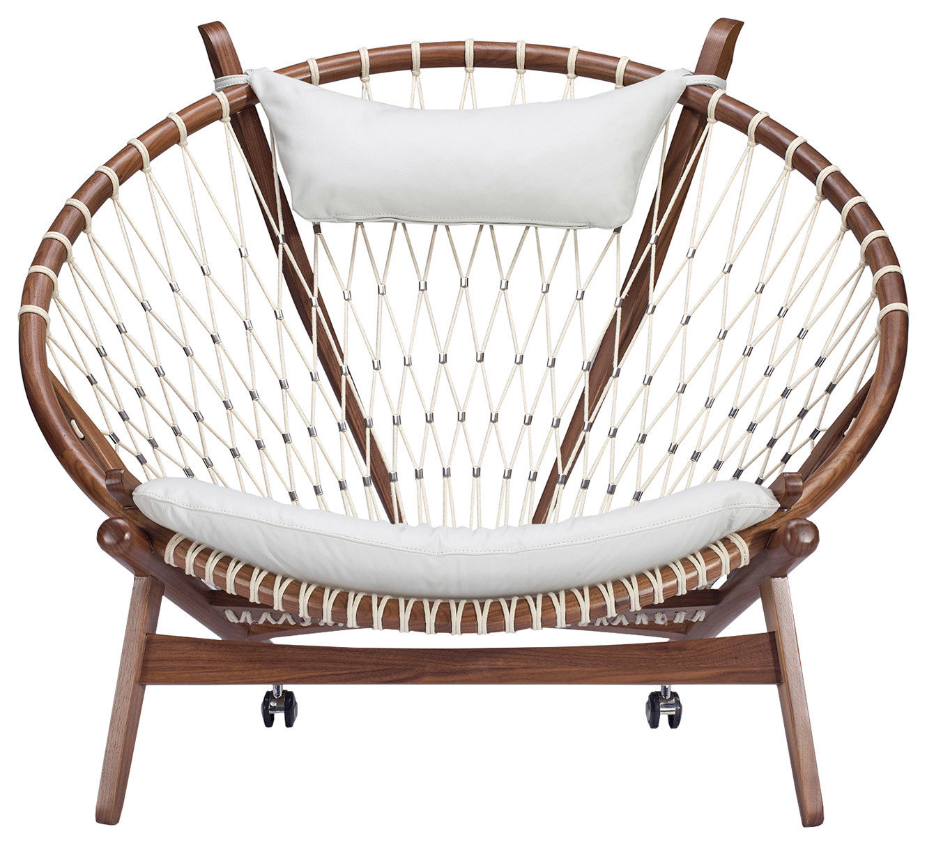 Circle Hoop Modern Lounge Chair, Genuine Italian Leather and Walnut, White
