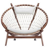 Circle Hoop Modern Lounge Chair, Genuine Italian Leather and Walnut, White