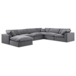 Meridian Furniture - Comfy Upholstered U-Shaped Modular Sectional, Grey, 7-Piece: 3 Armless Chair, 3 Corner Chair, 1 Ottoman, Velvet - Give your space a whole new look with this grey Comfy velvet sectional. This handsome sectional fits nicely with other items in the Comfy collection and is a versatile seating option designed for adaptability, comfort and style. Wrapped in rich grey durable velvet upholstery, this sectional offers a plush embrace of overstuffed down feather cushions, carefully crafted to deliver the highest level of comfort. The perfect seat for creating an oasis for relaxation, this sectional has thick foam surrounding its frame for added support and coziness.