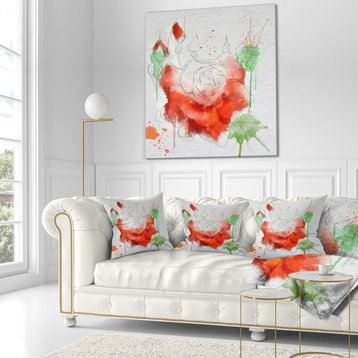 Red Rose Illustration Watercolor Floral Throw Pillow, 18"x18"