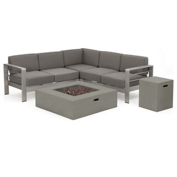 GDF Studio Crested Bay Outdoor Aluminum Framed Sofa Set With Fire Table, Light Gray