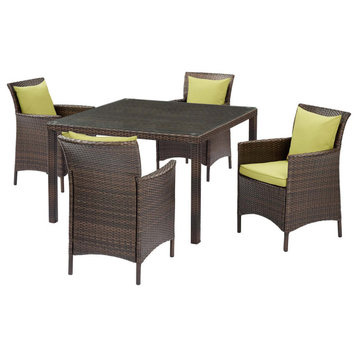 Side Dining Chair and Table Set, Rattan, Wicker, Brown Green, Modern, Outdoor