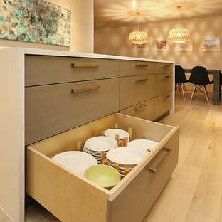 Inspiration for a large contemporary galley kitchen pantry in Vancouver with a drop-in sink, flat-panel cabinets, grey cabinets, quartz benchtops, multi-coloured splashback, ceramic splashback, stainless steel appliances, light hardwood floors and with island.