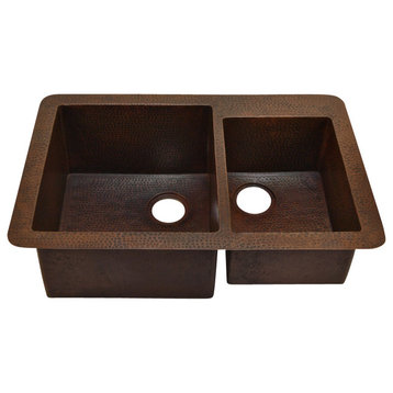 Undemount Kitchen Copper Sink Double Basin, Without Matching Solid Copper Drains