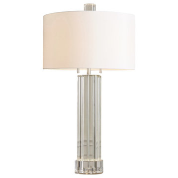 Elegant Cut Ribbed Crystal Column Table Lamp  Fluted Sculpted Clear Glass White