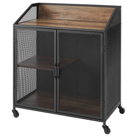 33" Urban Industrial Bar Cabinet Rolling Cart With Mesh Doors, Rustic Oak