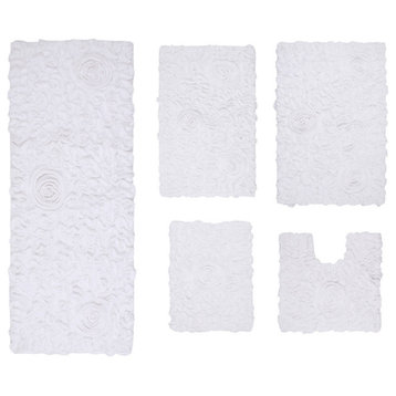 Bell Flower Collection Tufted Bath Rug, 5-Piece Set With Runner, White
