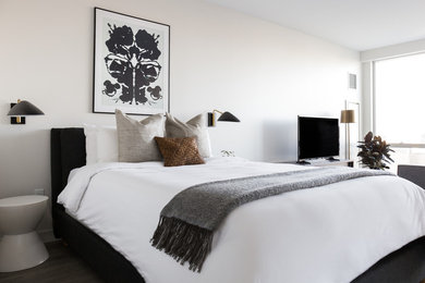 Inspiration for a small modern light wood floor and gray floor bedroom remodel in Boston