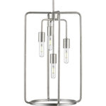 Progress Lighting - Bonn Collection 4-Light Galvanized Pendant - The Bonn Collection Four-Light Galvanized Pendant personifies an industrial vintage vibe sure to create an unforgettable lighting experience. Smooth metal bars coated in a beautiful galvanized finish curve to form a simple, open-cage light fixture. From the bottom of the sleek center stem, light bases appear to gracefully drip down and give an extra touch of refined visual interest with their varying lengths.