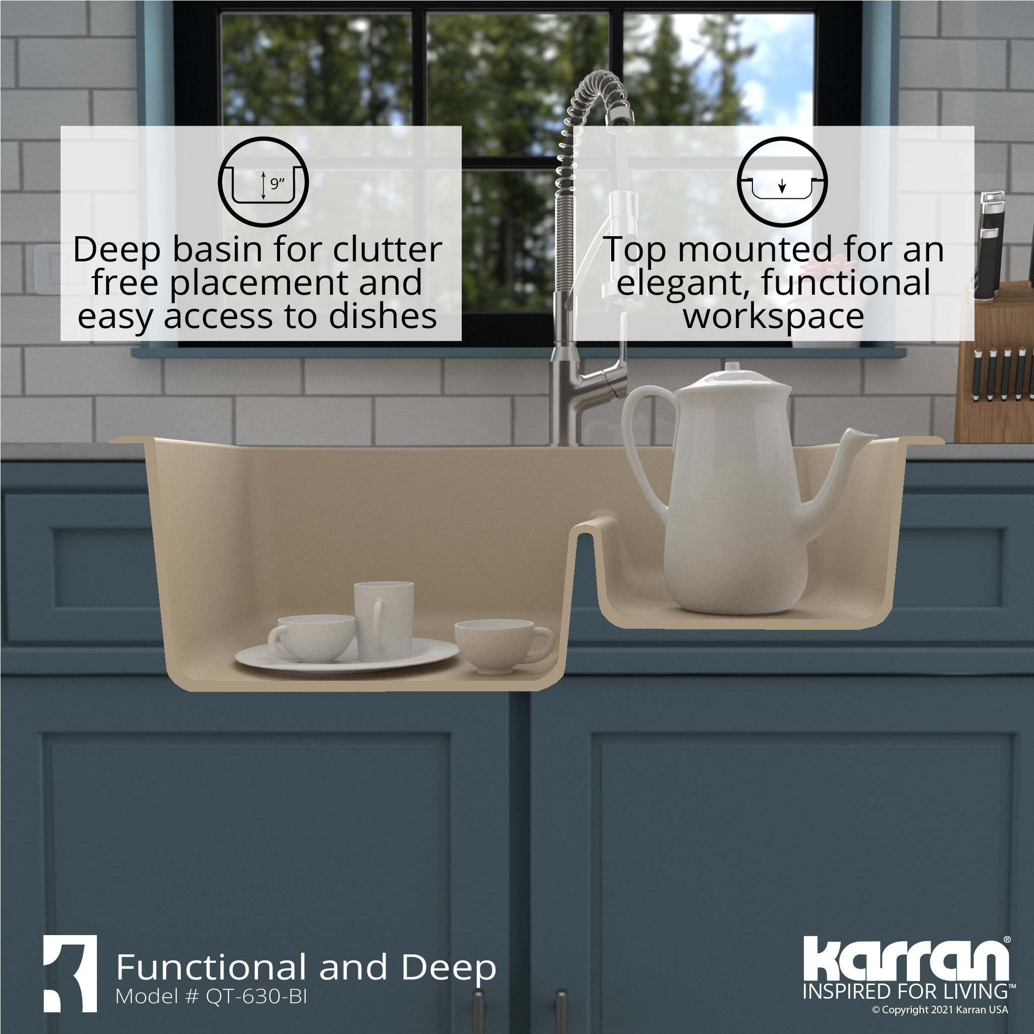 Karran Drop-In Quartz 33" 1-Hole 60/40 Double Bowl Kitchen Sink, Bisque