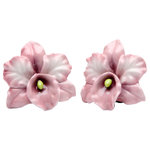 Cosmos Gifts Corp - Pink Orchid Salt and Pepper Shakers - The Pink Orchid Salt and Pepper Shakers make a pretty, functional addition to a kitchen or dining table. Hand-painted in glossy pink, these porcelain orchid shakers are vibrant and sophisticated.