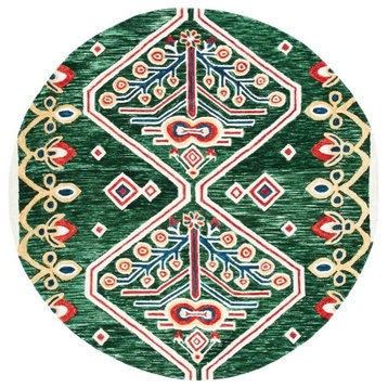 Contemporary Area Rug, Wool & Tribal Geometric Pattern, Green/Ivory, 7' Round