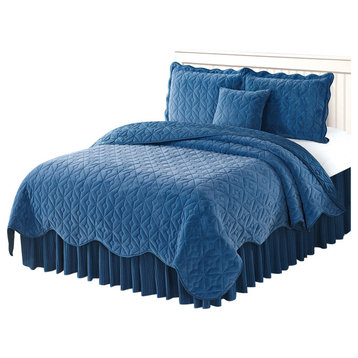Diamond Square Quilted Coverlet 4-Piece Bedspread Set, Blue, Queen