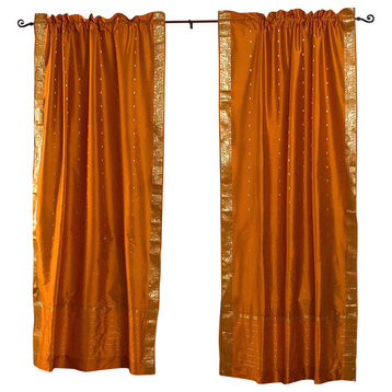 Lined-Mustard Yellow 84-inch Rod Pocket Sheer Sari Curtain Panel  (India) -Pair