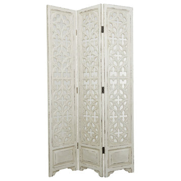 Classic Room Divider, 3 Panels With Cut Out floral Carved Pattern, White Wash