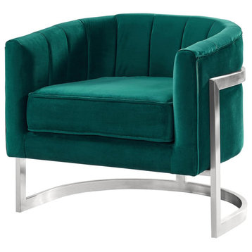 Contemporary Accent Chair, Stainless Steel Frame With Channel Tufted Back, Green