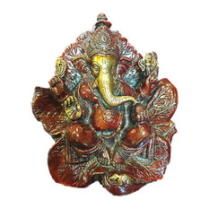 Mogul Interior - Hindu God Ganesh Statue Ganesha Sitting on a Leaf Brass Scuplture - Decorative Objects and Figurines