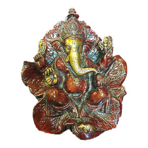Mogul Interior - Hindu God Ganesh Statue Ganesha Sitting on a Leaf Brass Scuplture - Decorative Objects And Figurines