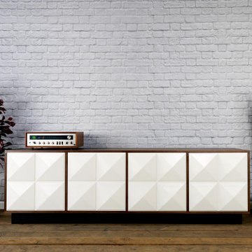 Modern Credenza with white doors. Walnut mid century modern console. Modern side