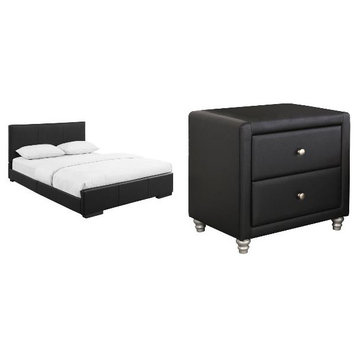 Hindes Black Faux Leather Upholstered Queen Bed with 1 Nightstand Set