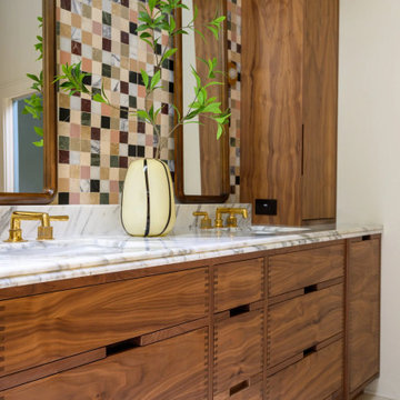 Modern Luxury Bathroom: Walnut Vanity & Marble Mosaic