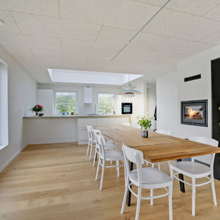 オールボーの中サイズの北欧風 LDKの画像 (白い壁、無垢フローリング、薪ストーブ、金属の暖炉まわり)