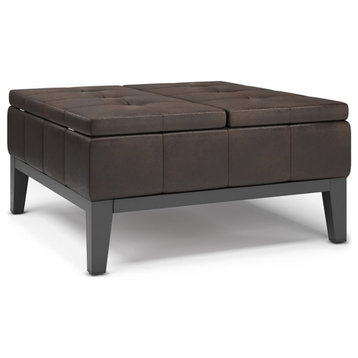Simpli Home Dover 36" Faux Air Leather Coffee Table Ottoman in Distressed Brown
