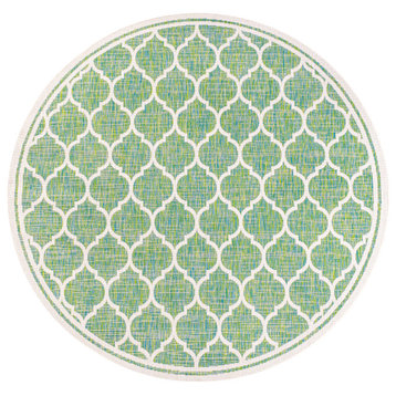 Trebol Moroccan Trellis Textured Weave Indoor/Outdoor, Cream/Green, 5' Round