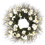 Botanical Splash - Silk Daisy and Dried Quailbrush Table Ring Centerpiece Wreath - Perfect for your wedding, bridal shower, Quinceanera or graduation event! Use right out of the box, or add a lantern, pillar candle (LED recommended) or figurine of your choice to the center to customize your place setting. This dried and faux floral centerpiece is a real time saver, allowing you to set your tables hours (or even a day) in advance of your event! Can be used on a table, hung on a wall or door, or used to decorate the back of a chair, a railing or a mantelpiece. Makes a great table favor, because unlike fresh flowers, this centerpiece will last for months, or even years if kept indoors in a protected location.