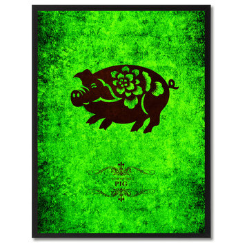 Pig Chinese Zodiac Green Print on Canvas with Picture Frame, 13"x17"