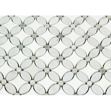Thassos White Marble Polished Florida Flower Mosaic Tile w/ Ming Green Dots