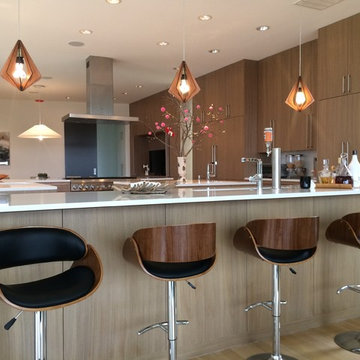 Mid Century Modern pendant lights and bar stools