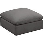 Meridian Furniture - Plush Velvet / Down Standard Comfort Modular Chair, Gray, Ottoman - No matter how big or little the size of your gang, they can all find their sweet spot when you choose pieces from the Plush collection to build your ideal seating group. Choose this individual Plush piece or pair multiple pieces together to get the custom look everyone will love. The soft grey velvet material is soft and welcoming to the touch, and the set's cushions are overstuffed with a down and feather blend to provide ample support for tired bodies.