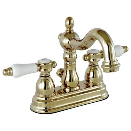 Victorian-Style Centerset Faucet with Brass Pop-Up and White Porcelain Handles, Brass/White