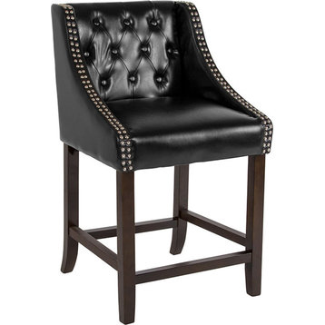 Tufted Walnut Counter Height Stool With Accent Nail Trim, Black Leather