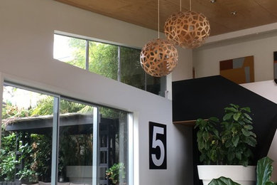 Example of a large trendy concrete floor and gray floor entryway design in Other with black walls and a medium wood front door