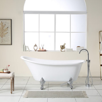 67 in. Acrylic Single Slipper Freestanding Clawfoot Soaking Bathtub in White